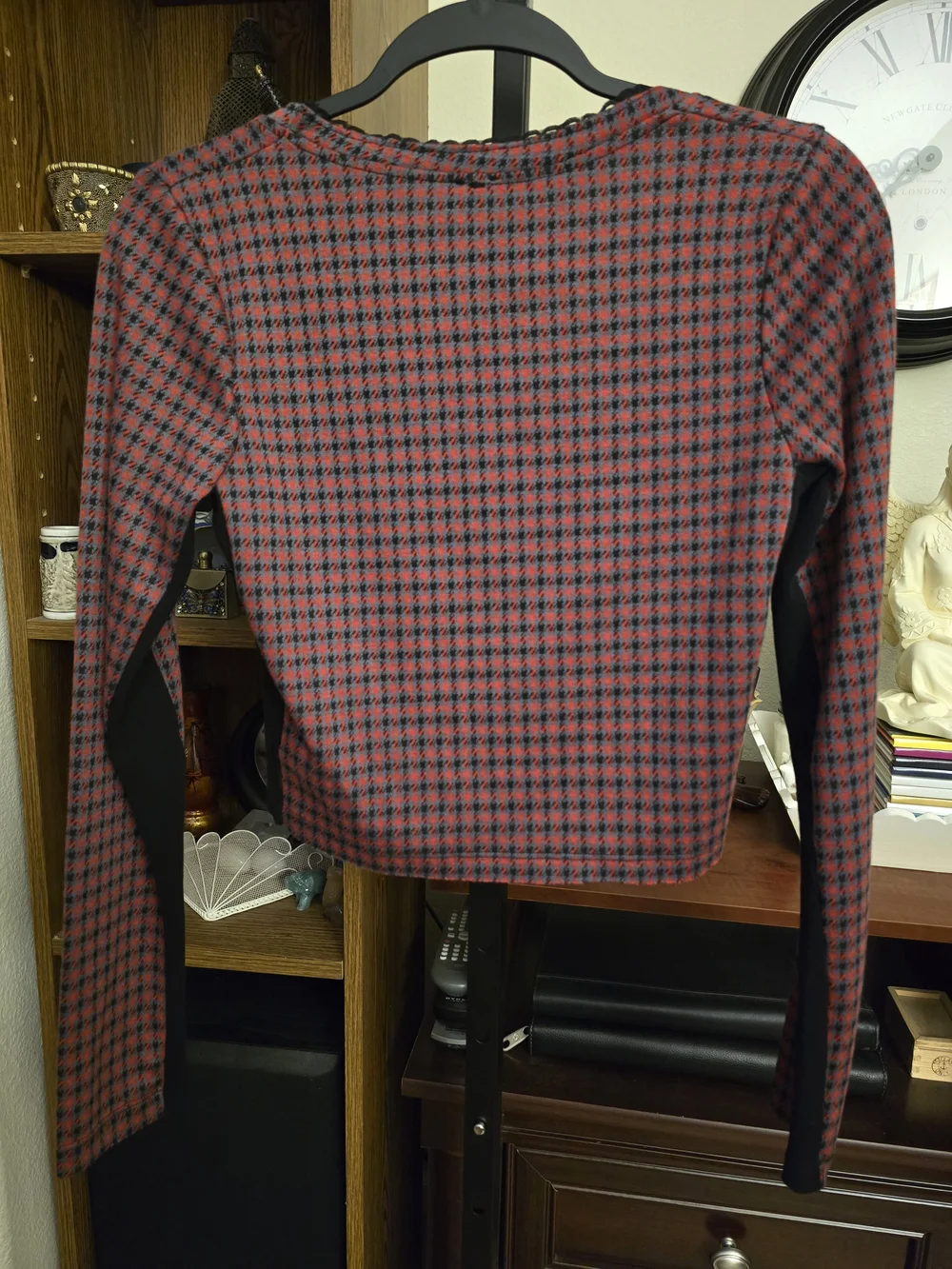 Free People Red Black Houndstooth Thermal Crop Top Long Sleeve Lace Trim Size M
